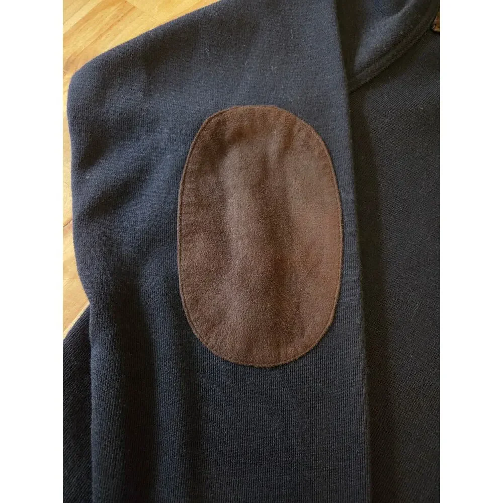 Luchiano Visconti Mens XL Italian Merino Wool Sweater Navy Mock Neck Suede Patch